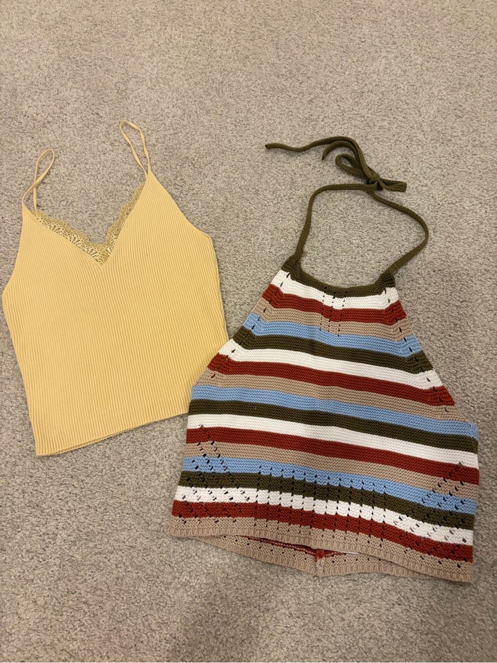 Garage Yellow Lace-Trim Ribbed Cami & Striped Knit Halter Duo